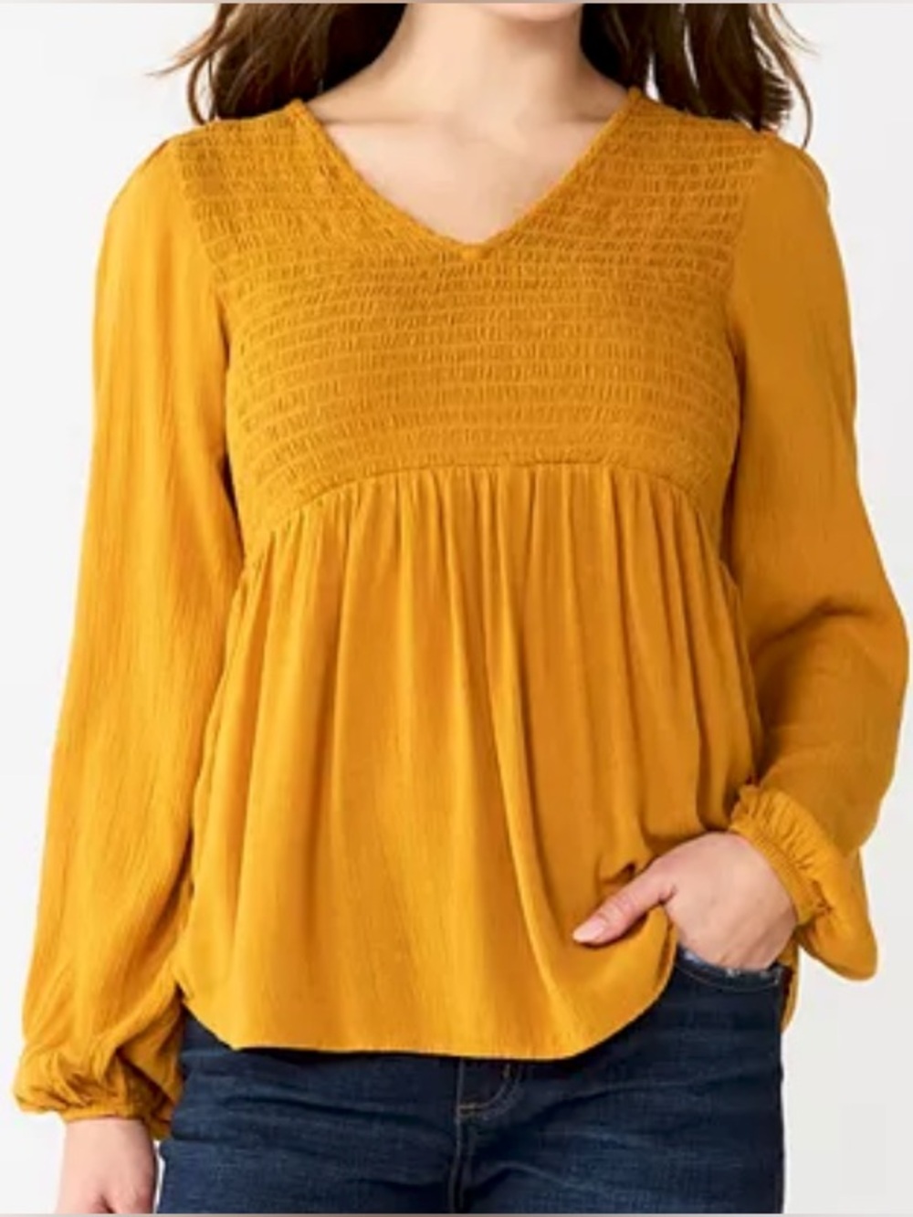 Sonoma Mustard Yellow Smocked Babydoll Peasant Blouse Large Boho Hippie